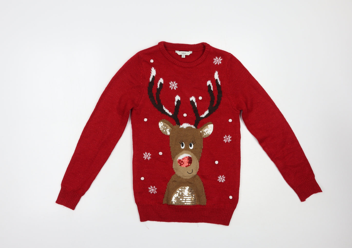 Miss E-vie Girls Red Crew Neck  Acrylic Pullover Jumper Size 11-12 Years  Pullover - Rudolph Christmas