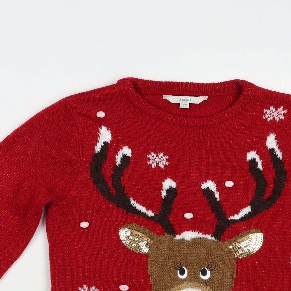 Miss E-vie Girls Red Crew Neck  Acrylic Pullover Jumper Size 11-12 Years  Pullover - Rudolph Christmas