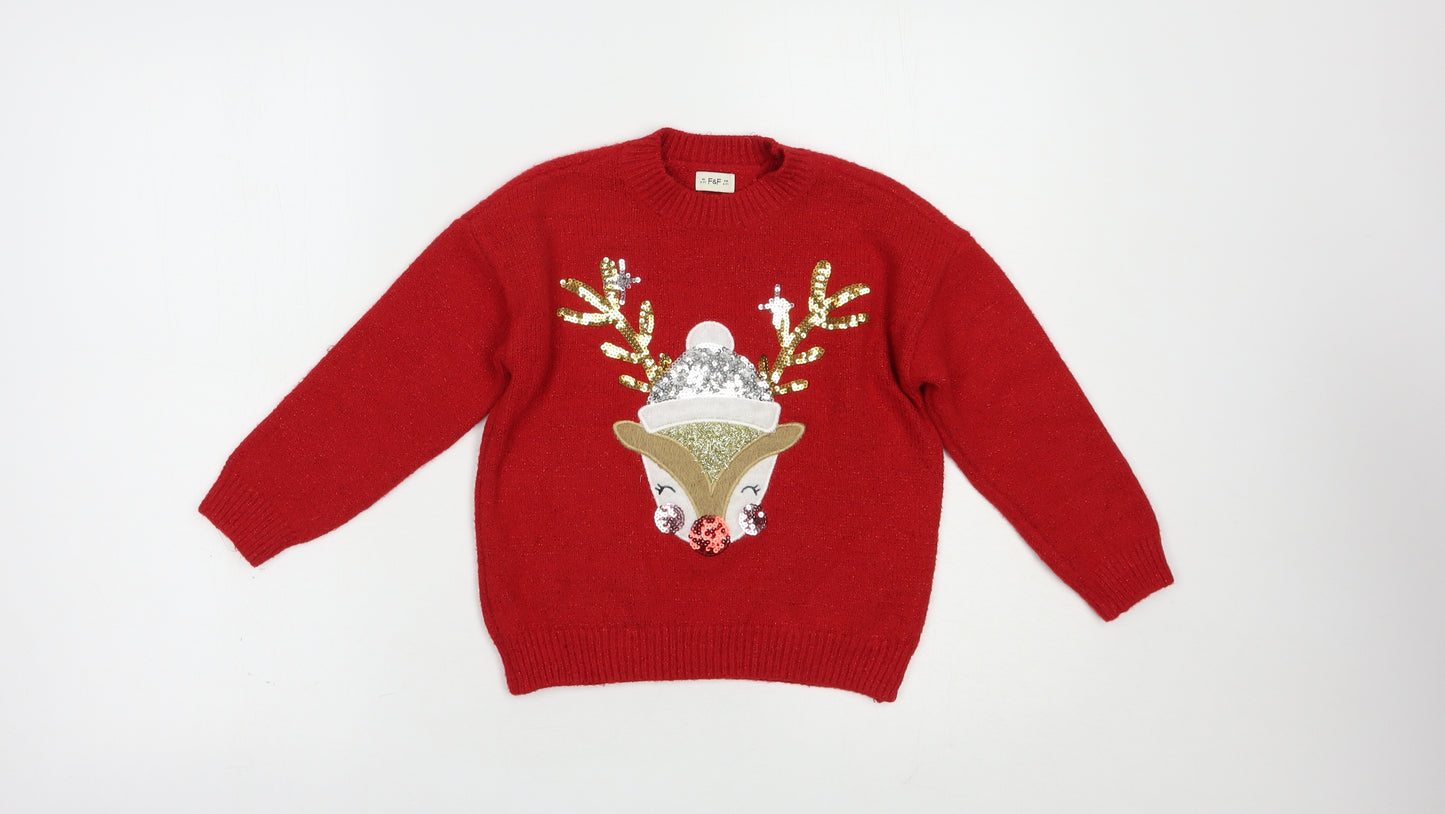F&F Girls Red Crew Neck  Polyester Pullover Jumper Size 6-7 Years  Pullover - Rudolph Christmas