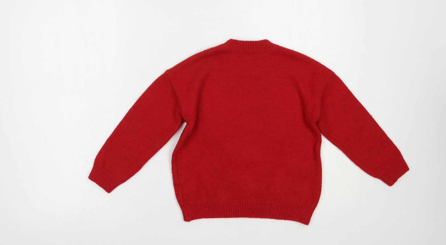 F&F Girls Red Crew Neck  Polyester Pullover Jumper Size 6-7 Years  Pullover - Rudolph Christmas