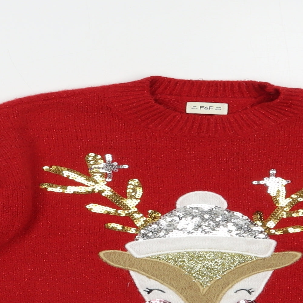 F&F Girls Red Crew Neck  Polyester Pullover Jumper Size 6-7 Years  Pullover - Rudolph Christmas
