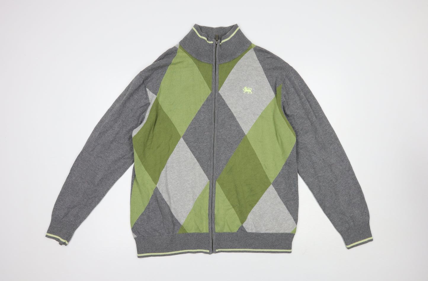 NEXT Mens Grey High Neck Argyle/Diamond Cotton Full Zip Jumper Size XL