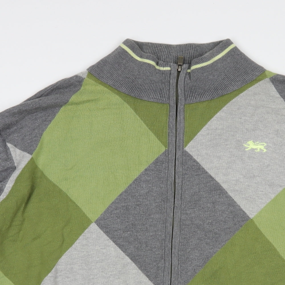 NEXT Mens Grey High Neck Argyle/Diamond Cotton Full Zip Jumper Size XL
