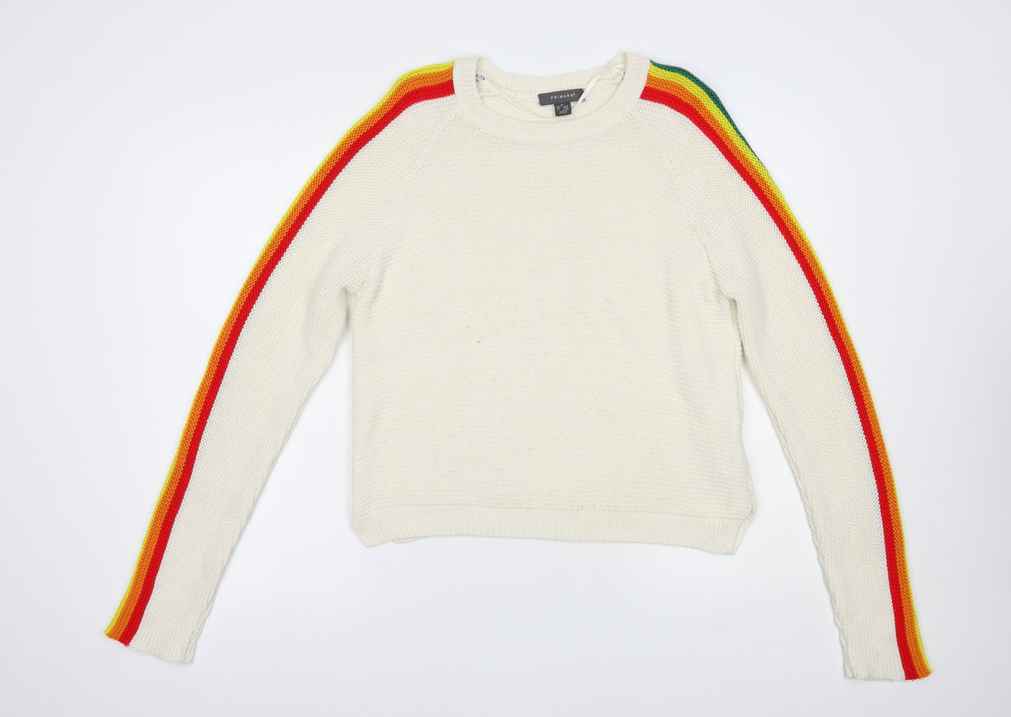 Primark Womens White Crew Neck  Acrylic Pullover Jumper Size 12   - Side Stripe