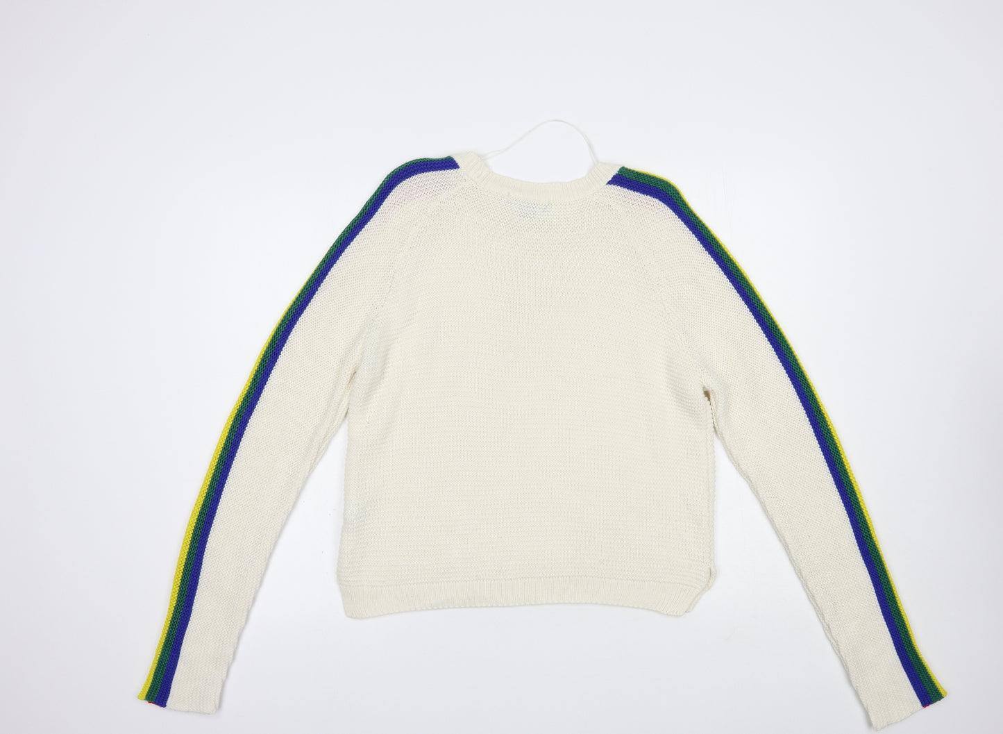 Primark Womens White Crew Neck  Acrylic Pullover Jumper Size 12   - Side Stripe