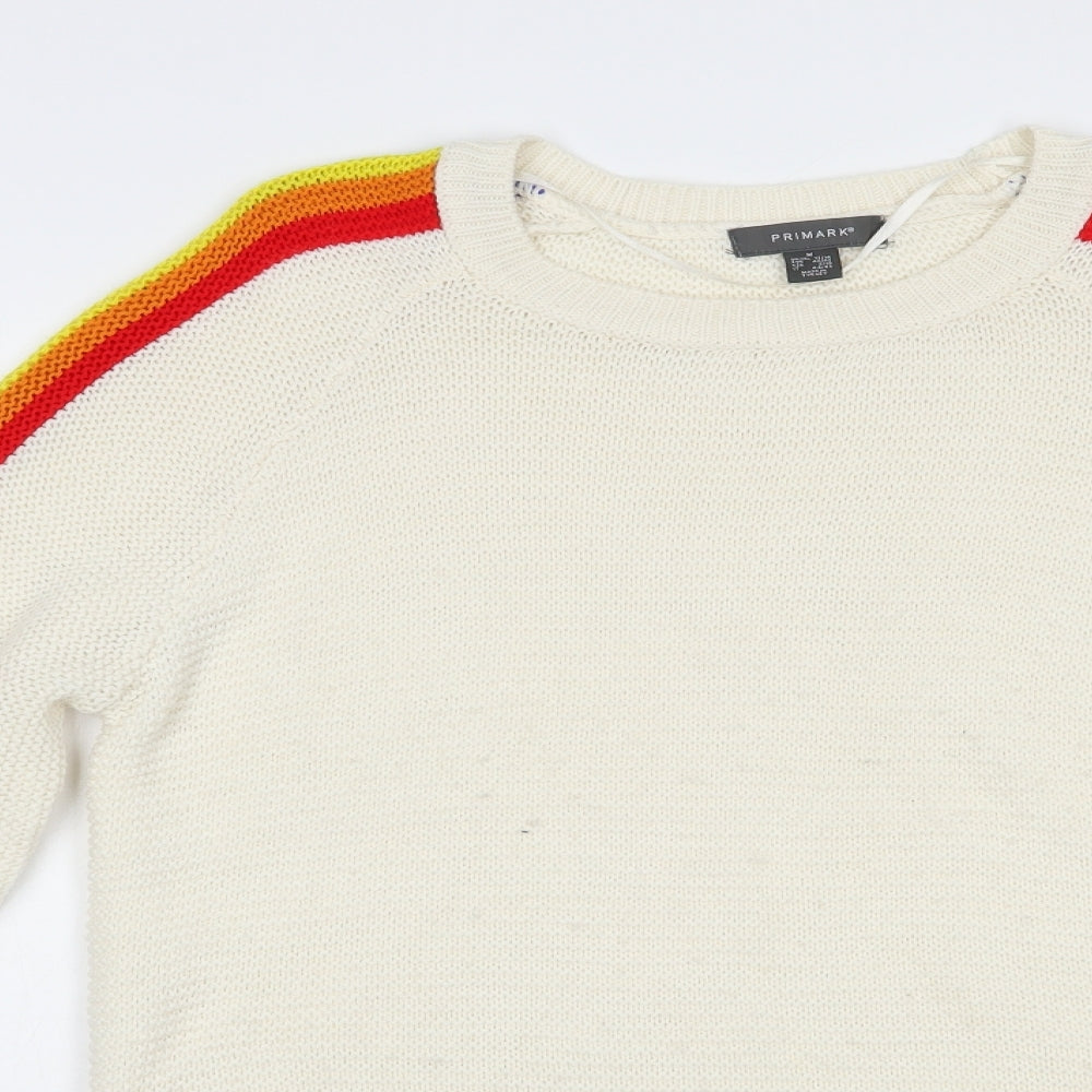 Primark Womens White Crew Neck  Acrylic Pullover Jumper Size 12   - Side Stripe