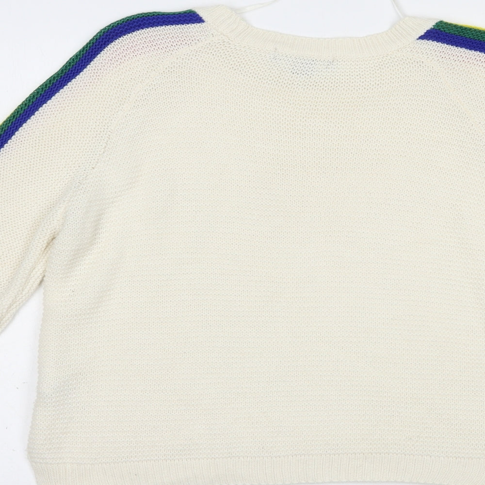 Primark Womens White Crew Neck  Acrylic Pullover Jumper Size 12   - Side Stripe