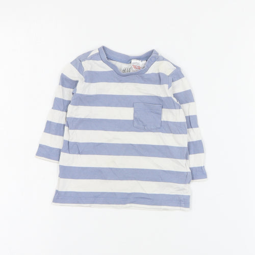 H&M Baby Blue Striped Cotton Basic T-Shirt Size 0-3 Months Crew Neck Snap