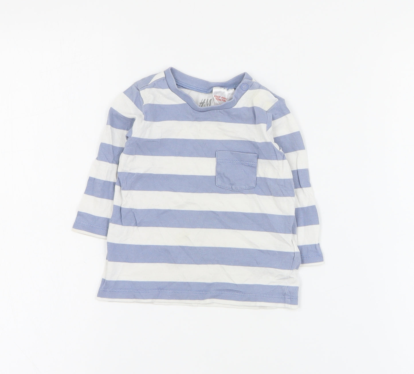 H&M Baby Blue Striped Cotton Basic T-Shirt Size 0-3 Months Crew Neck Snap