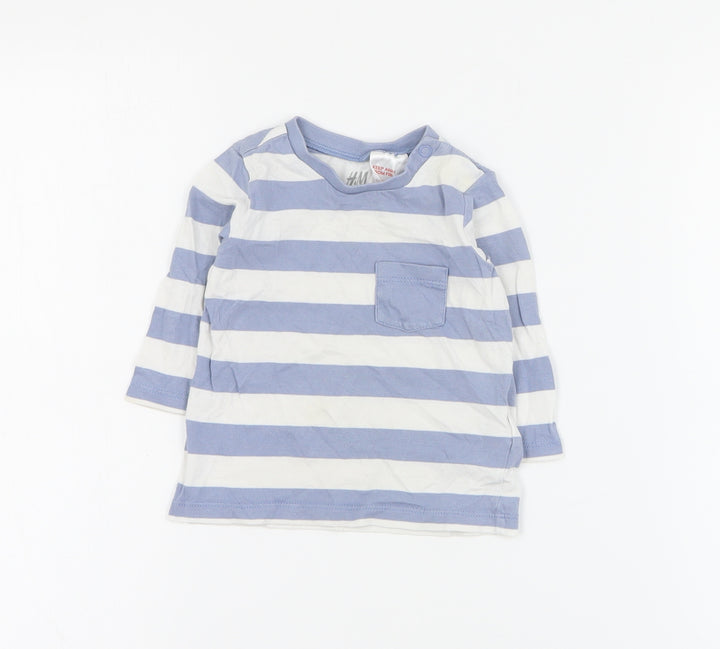 H&M Baby Blue Striped Cotton Basic T-Shirt Size 0-3 Months Crew Neck Snap