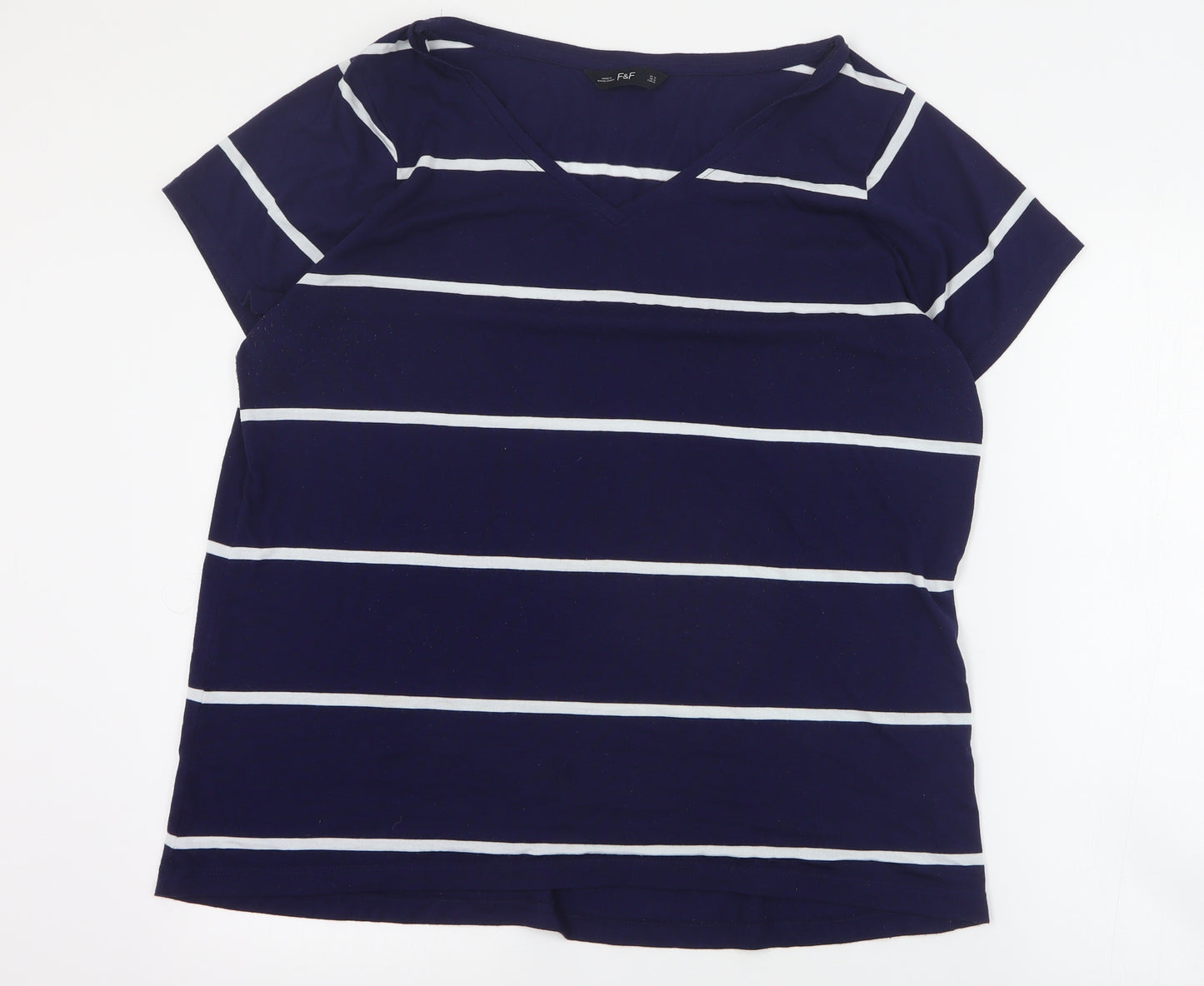 F&F Womens Blue Striped Polyester Basic T-Shirt Size 16 V-Neck