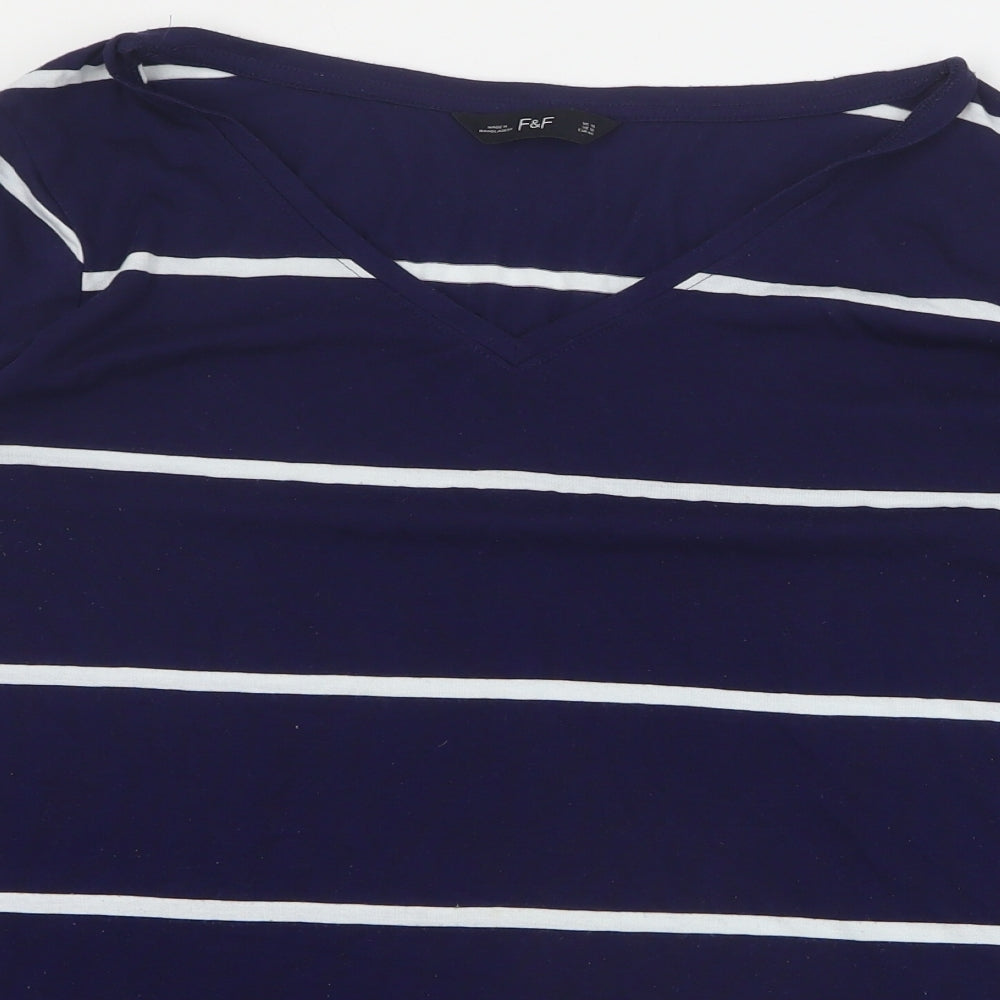 F&F Womens Blue Striped Polyester Basic T-Shirt Size 16 V-Neck