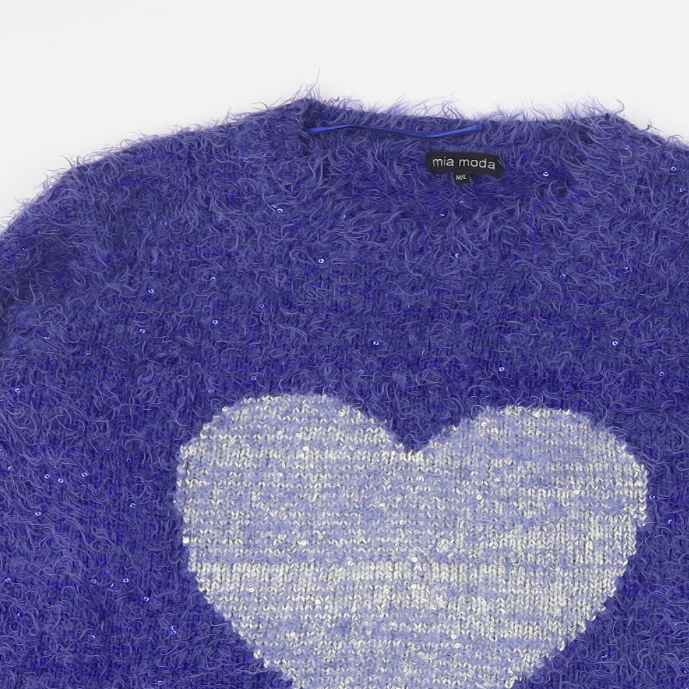 Mia Moda Womens Blue Round Neck  Polyester Pullover Jumper Size M