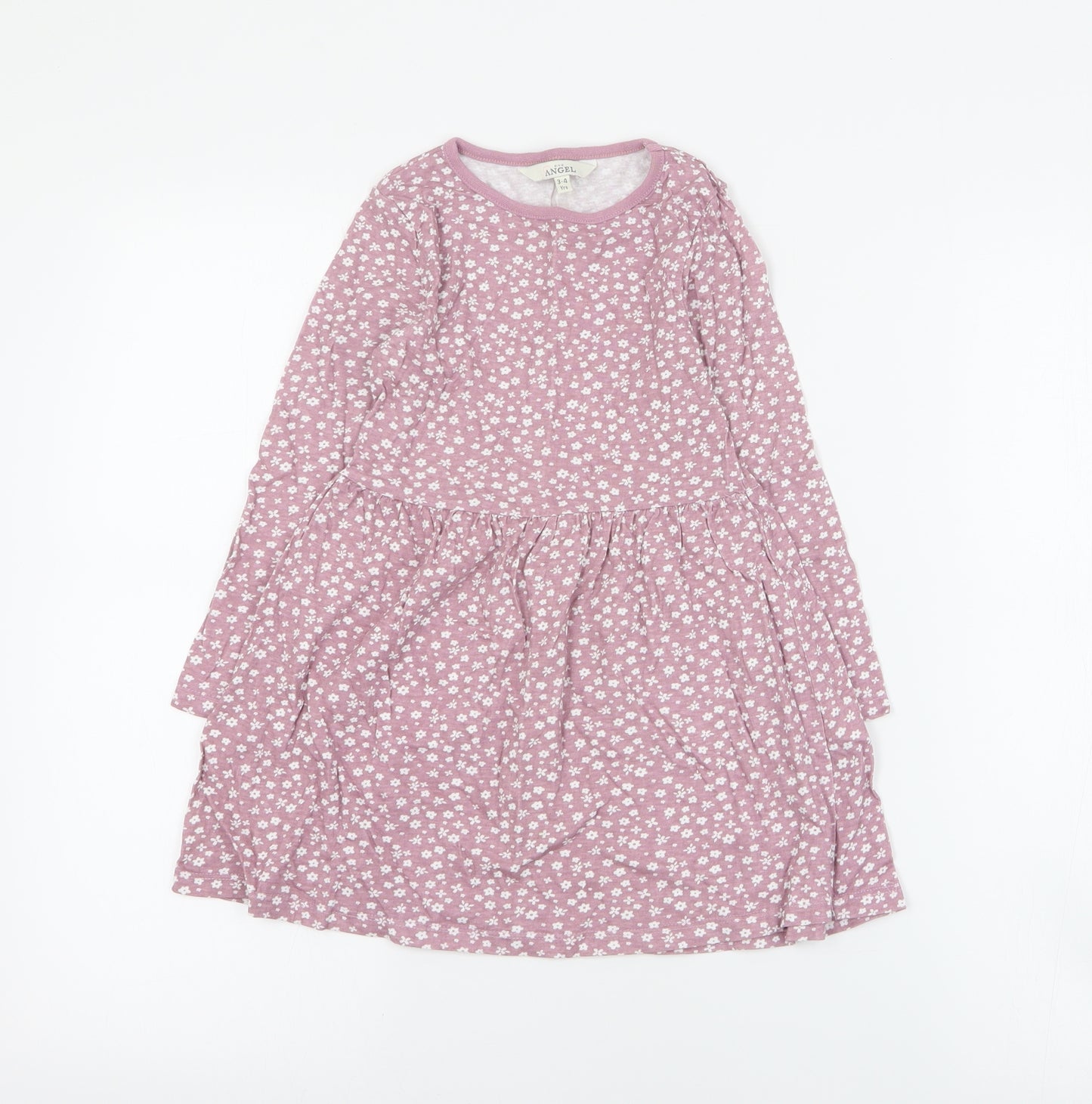 Angel Girls Pink Floral Cotton T-Shirt Dress  Size 3-4 Years  Round Neck Pullover