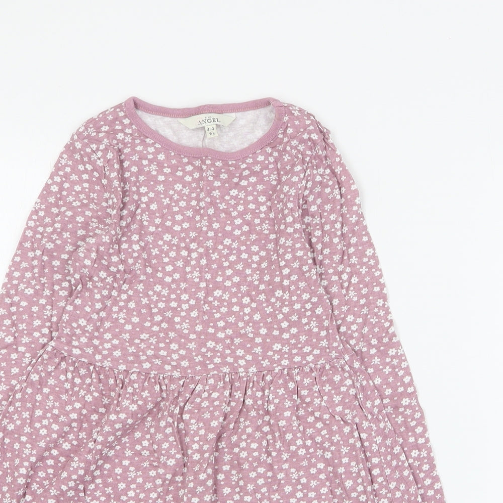 Angel Girls Pink Floral Cotton T-Shirt Dress  Size 3-4 Years  Round Neck Pullover