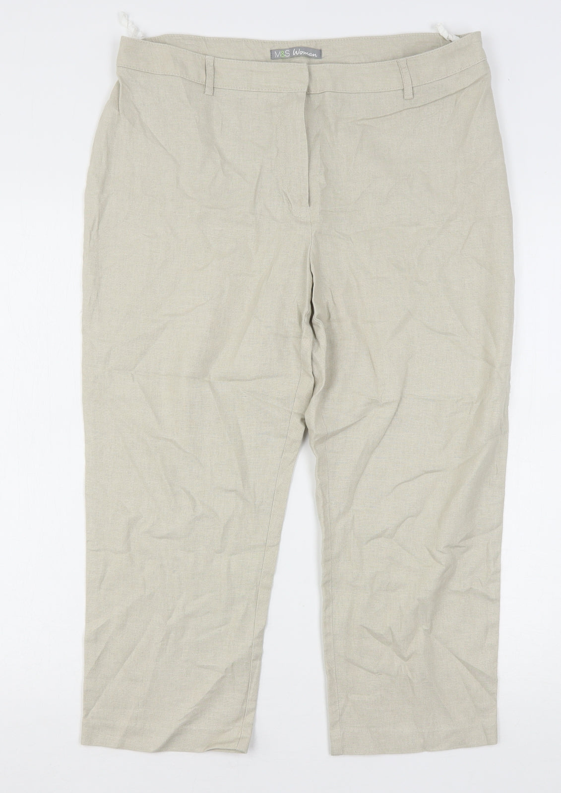 Marks and Spencer Womens Beige  Linen Cropped Trousers Size 14 L23 in Regular Hook & Eye