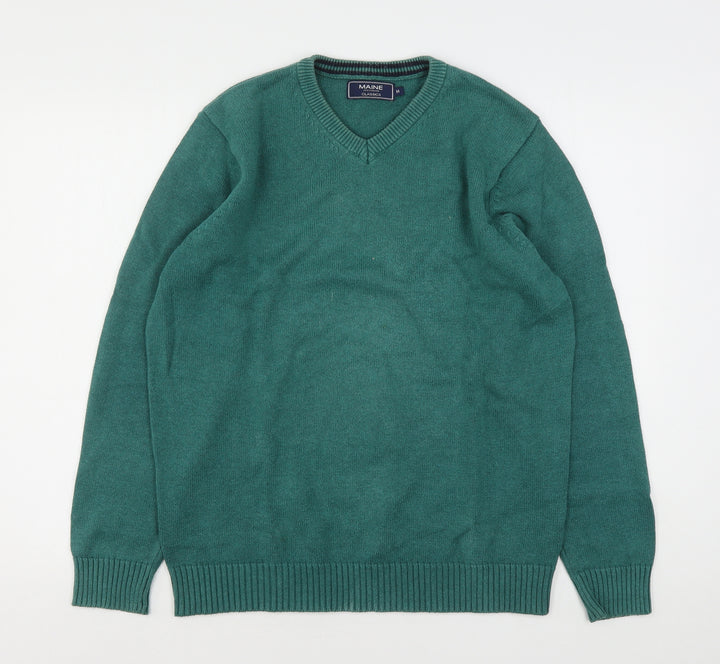 Maine New England Mens Green V-Neck  Cotton Pullover Jumper Size M