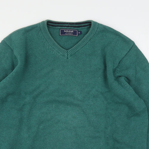 Maine New England Mens Green V-Neck  Cotton Pullover Jumper Size M
