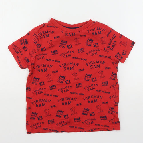 Fireman Sam Boys Red Geometric Cotton Basic T-Shirt Size 4-5 Years Round Neck