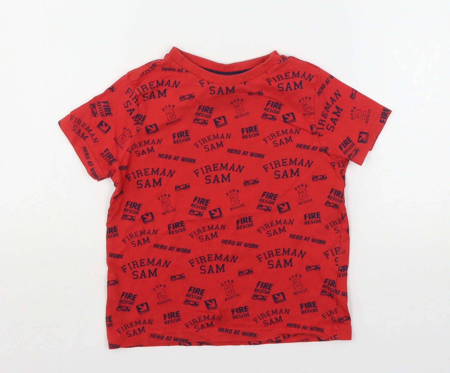 Fireman Sam Boys Red Geometric Cotton Basic T-Shirt Size 4-5 Years Round Neck