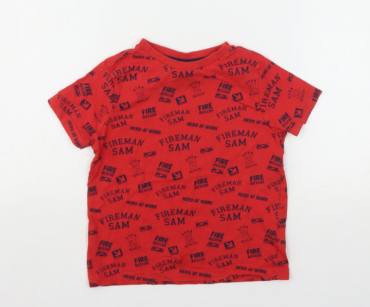 Fireman Sam Boys Red Geometric Cotton Basic T-Shirt Size 4-5 Years Round Neck