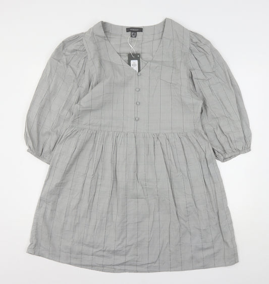 Front view of Primark women’s grey striped cotton a-line, size UK 10, v-neck