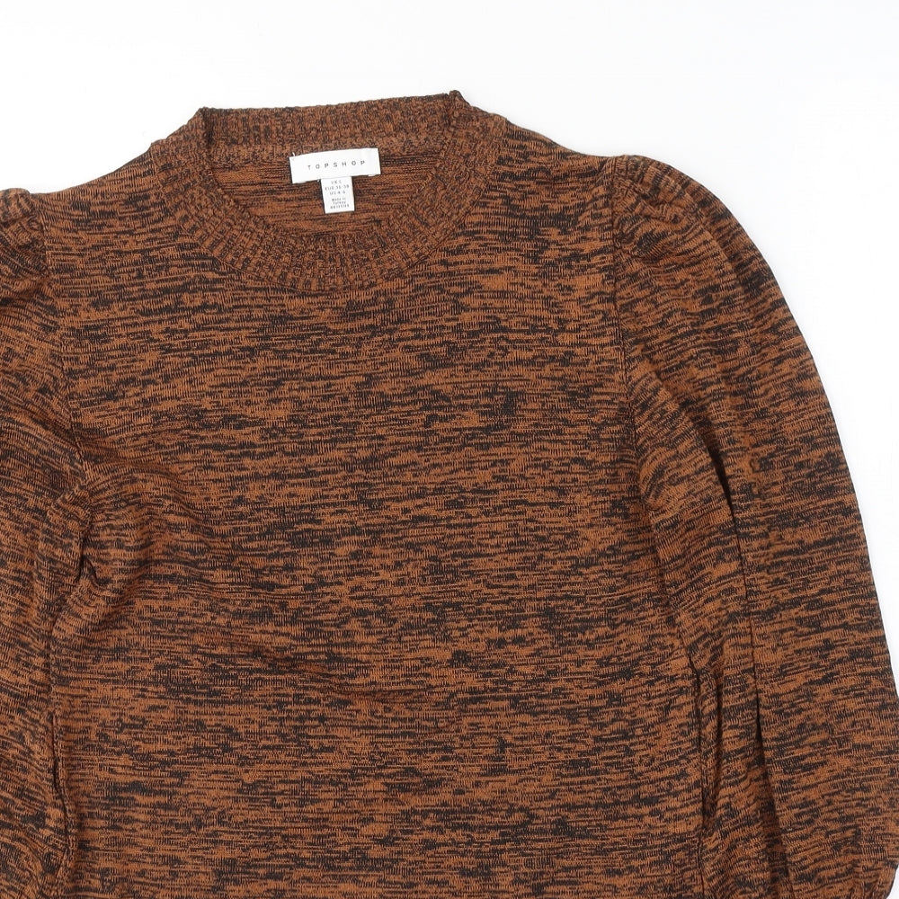 Topshop Womens Brown Geometric Viscose Jersey Blouse Size S Round Neck