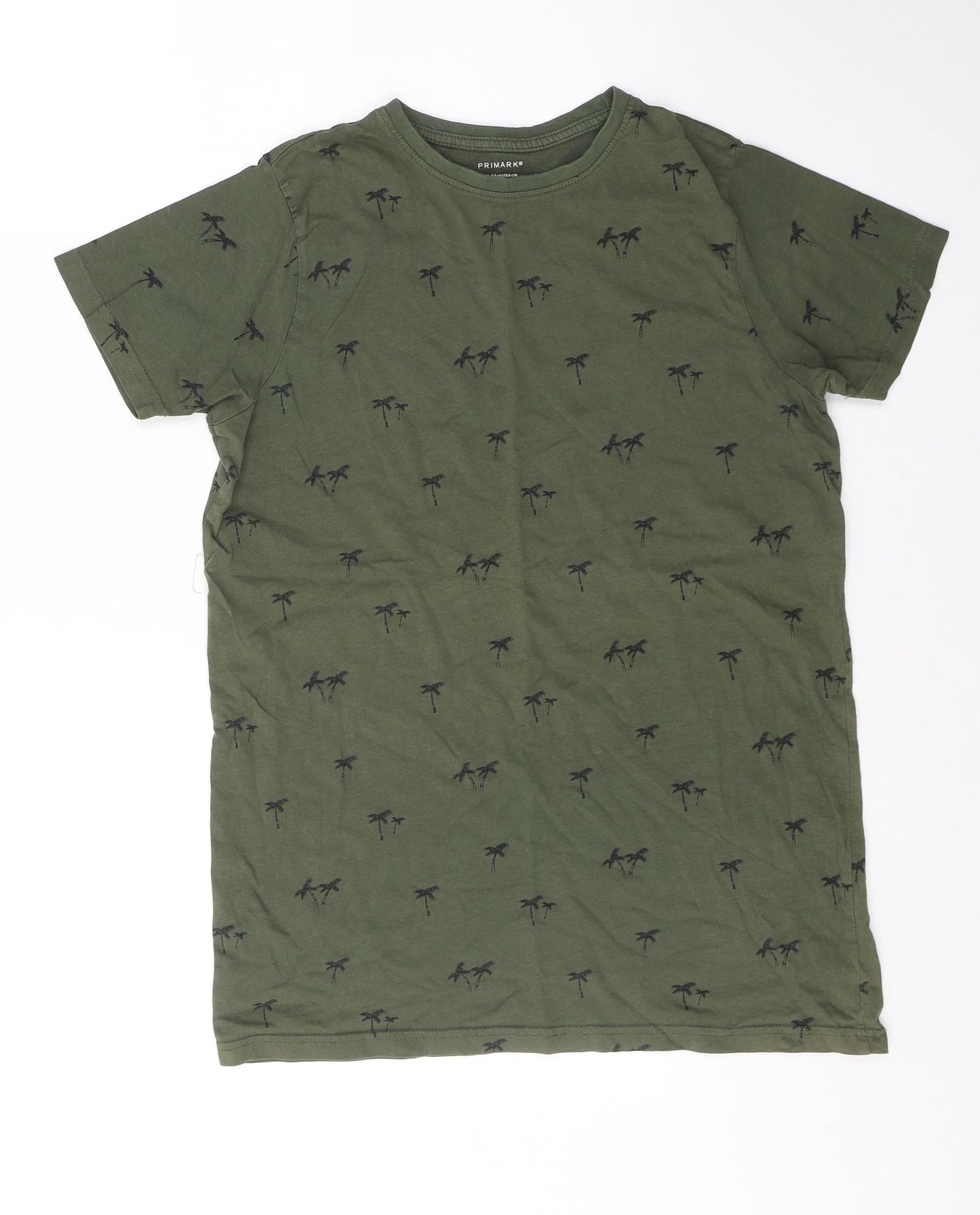 Primark Boys Green Geometric Cotton Basic T-Shirt Size 13-14 Years Round Neck Pullover - Palm Tree