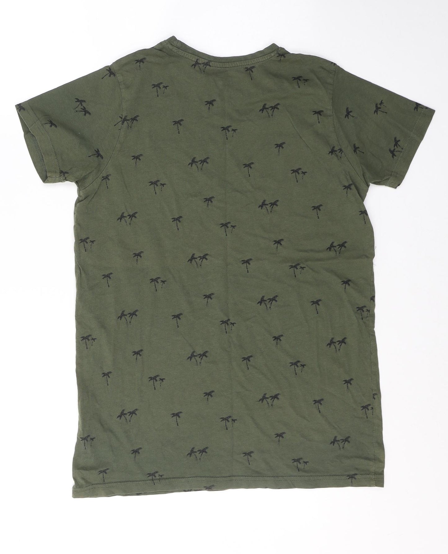 Primark Boys Green Geometric Cotton Basic T-Shirt Size 13-14 Years Round Neck Pullover - Palm Tree