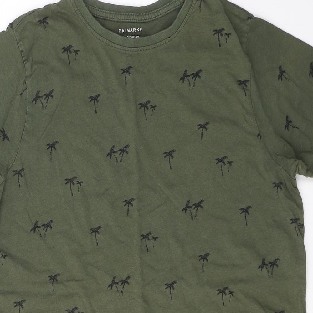 Primark Boys Green Geometric Cotton Basic T-Shirt Size 13-14 Years Round Neck Pullover - Palm Tree