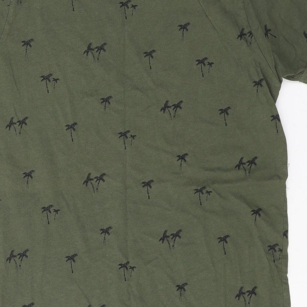 Primark Boys Green Geometric Cotton Basic T-Shirt Size 13-14 Years Round Neck Pullover - Palm Tree