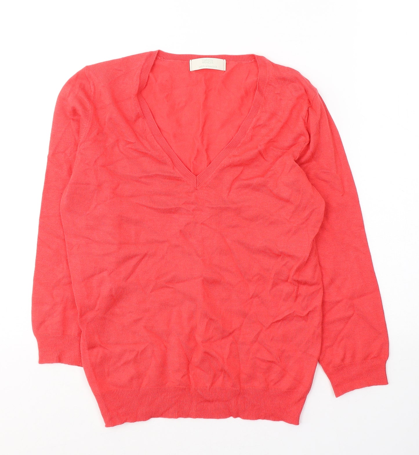 Marks and Spencer Womens Red  Viscose Jersey T-Shirt Size 12 V-Neck