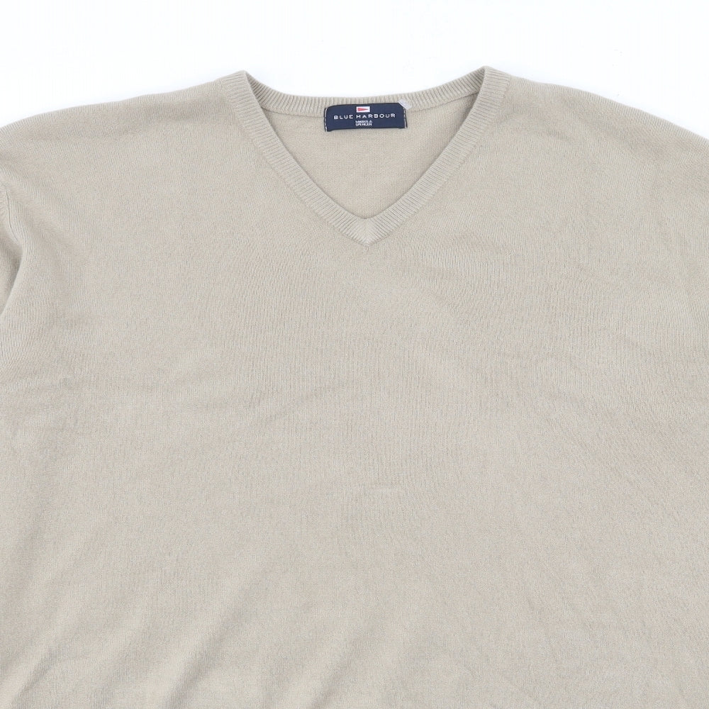 Blue Harbour Mens Beige V-Neck  Acrylic Pullover Jumper Size 2XL