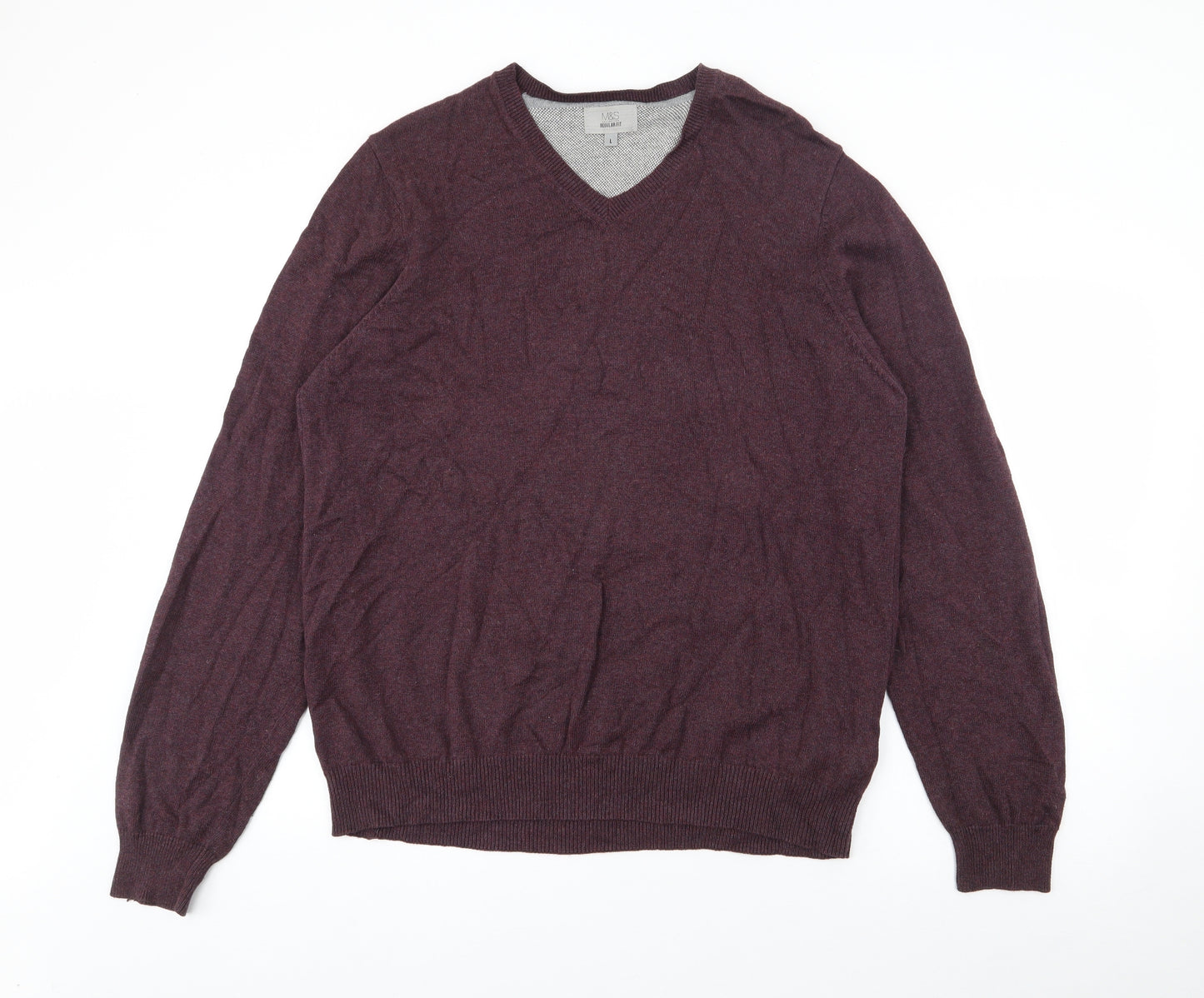 Marks and Spencer Mens Purple V-Neck  Cotton Pullover Jumper Size L