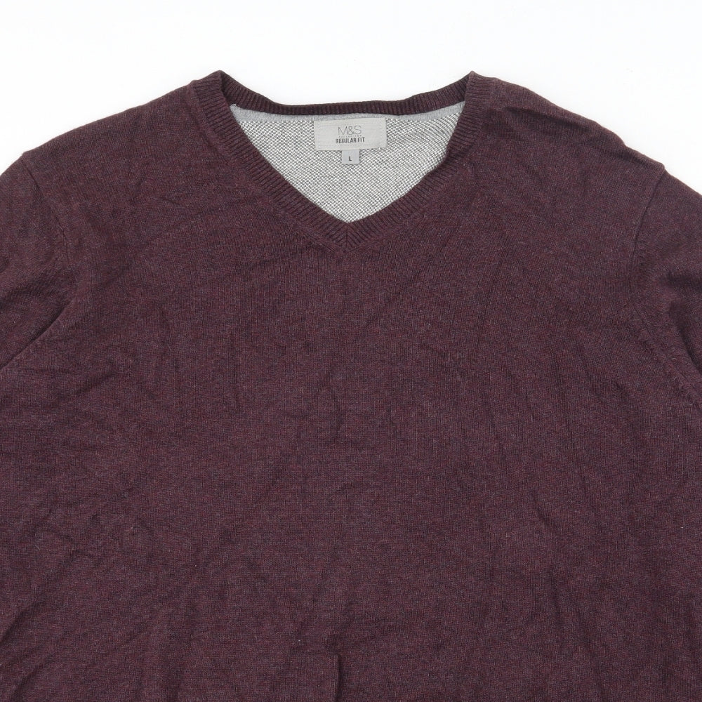 Marks and Spencer Mens Purple V-Neck  Cotton Pullover Jumper Size L