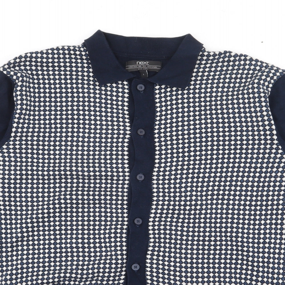 NEXT Mens Blue Geometric Cotton  Polo Size L Collared Button