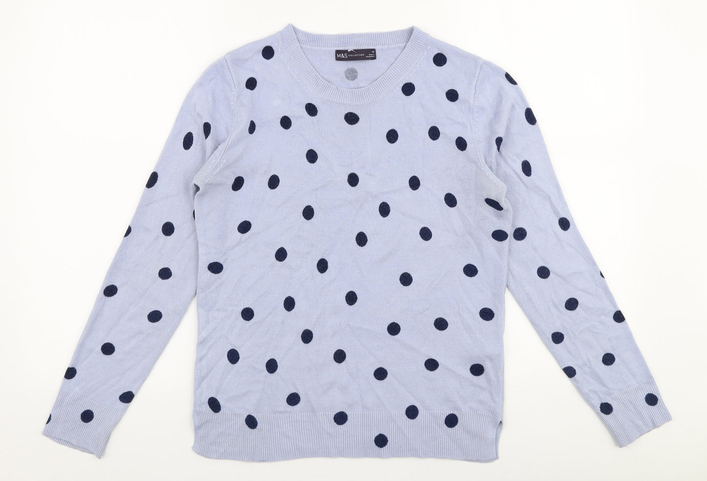 Marks and Spencer Womens Blue Round Neck Polka Dot Acrylic Pullover Jumper Size 10