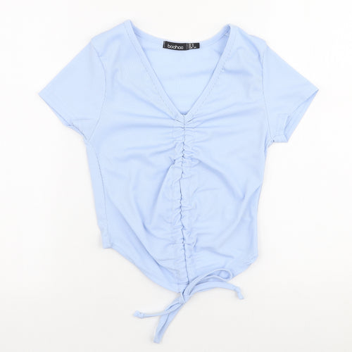 Boohoo Womens Blue  Polyester Cropped T-Shirt Size 6 V-Neck