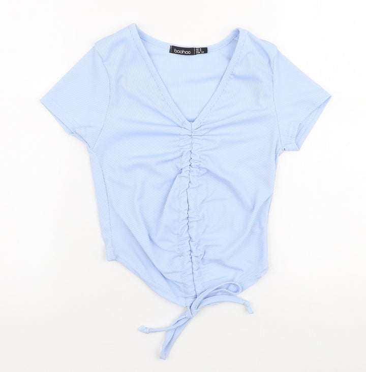 Boohoo Womens Blue Polyester Cropped T-Shirt Size 6 V-Neck