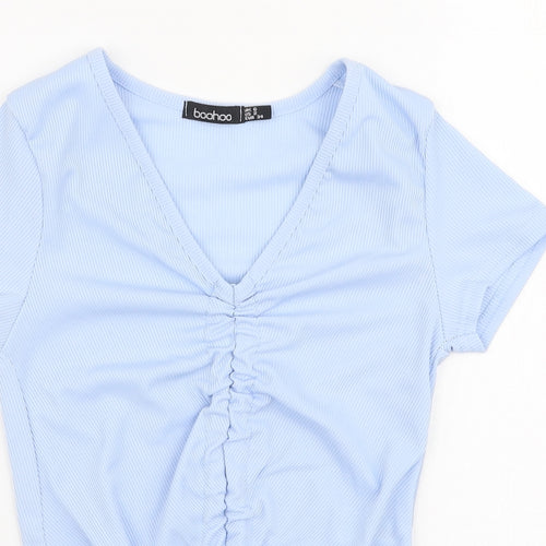 Boohoo Womens Blue  Polyester Cropped T-Shirt Size 6 V-Neck