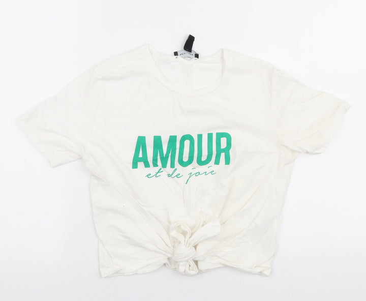 New Look Womens White Cotton Cropped T-Shirt Size 6 Round Neck - Amour
