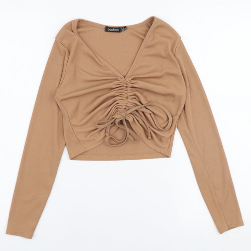 Boohoo Womens Brown  Polyester Basic Blouse Size 6 V-Neck