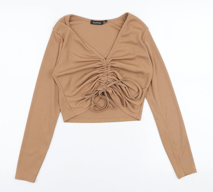 Boohoo Womens Brown  Polyester Basic Blouse Size 6 V-Neck