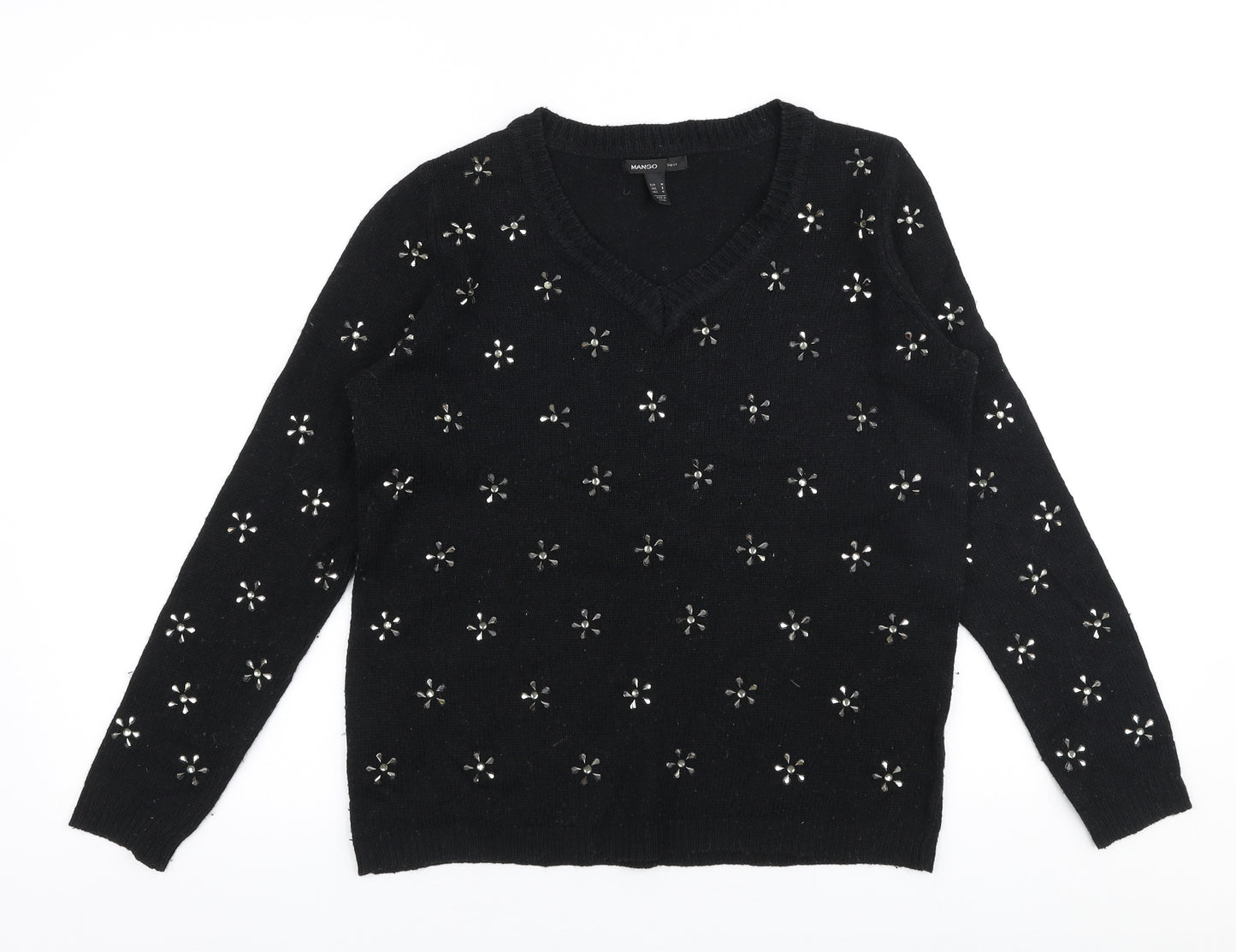 Mango Womens Black Round Neck  Polyester Pullover Jumper Size M