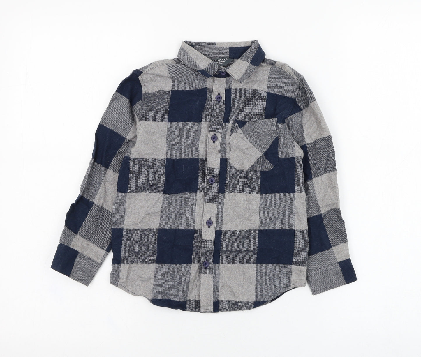 Primark Boys Blue Check Cotton Basic Button-Up Size 4-5 Years Collared Button