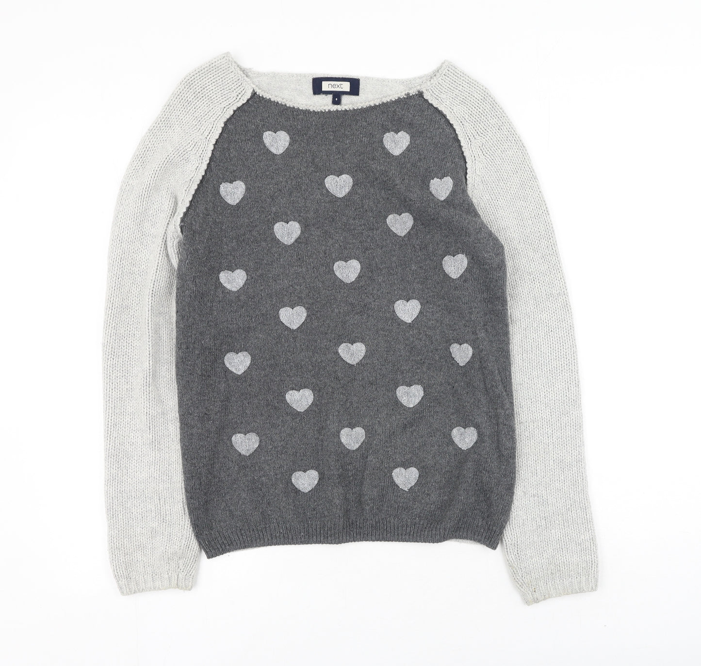 NEXT Womens Grey Round Neck  Cotton Pullover Jumper Size 8   - Heart