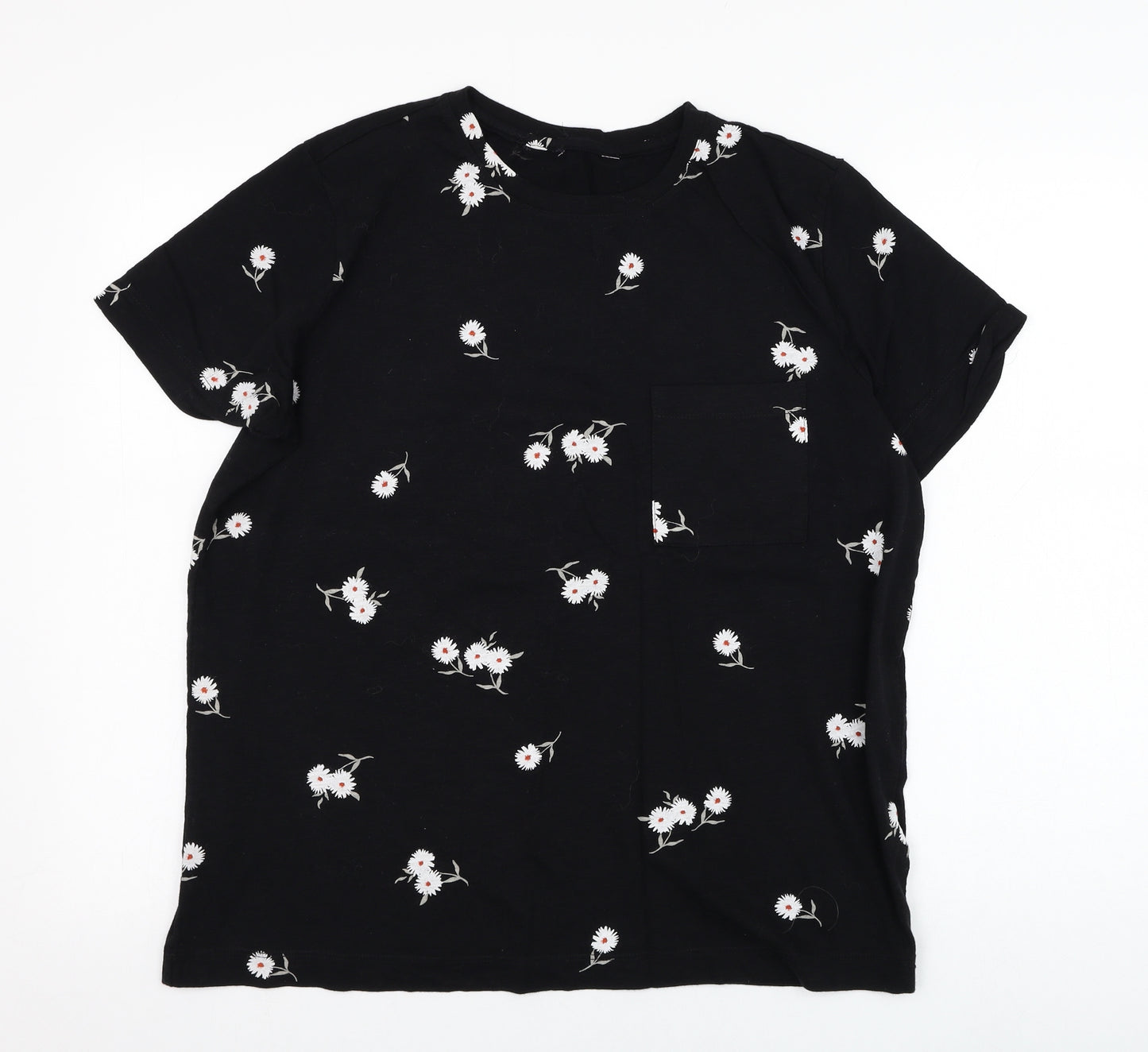 Marks and Spencer Womens Black Floral Cotton Basic T-Shirt Size 14 Round Neck