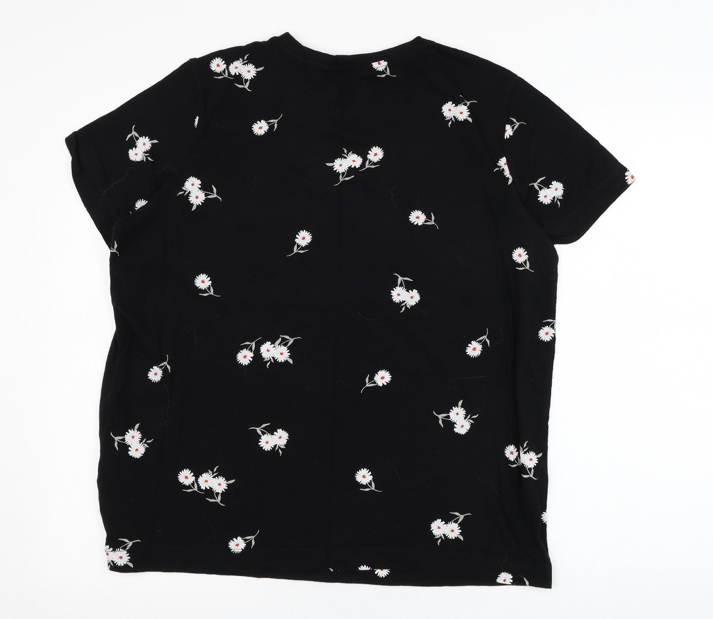 Marks and Spencer Womens Black Floral Cotton Basic T-Shirt Size 14 Round Neck