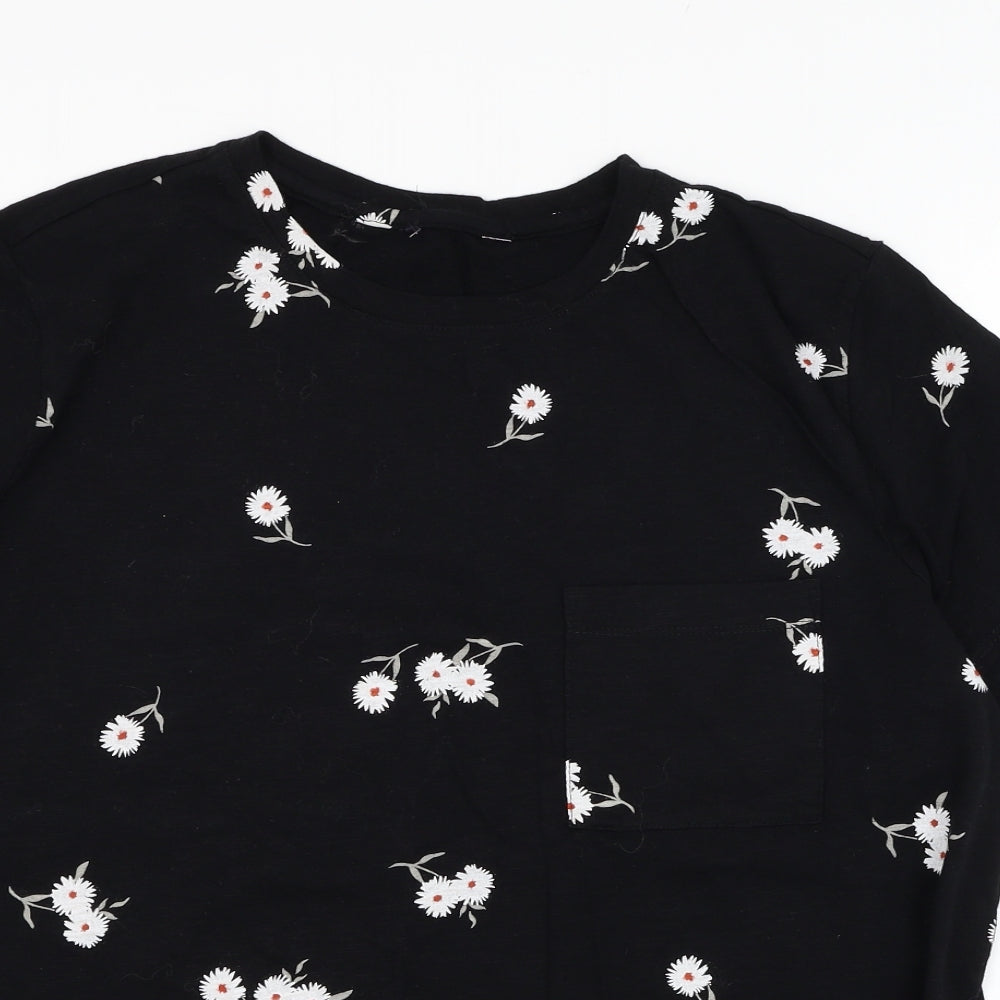 Marks and Spencer Womens Black Floral Cotton Basic T-Shirt Size 14 Round Neck