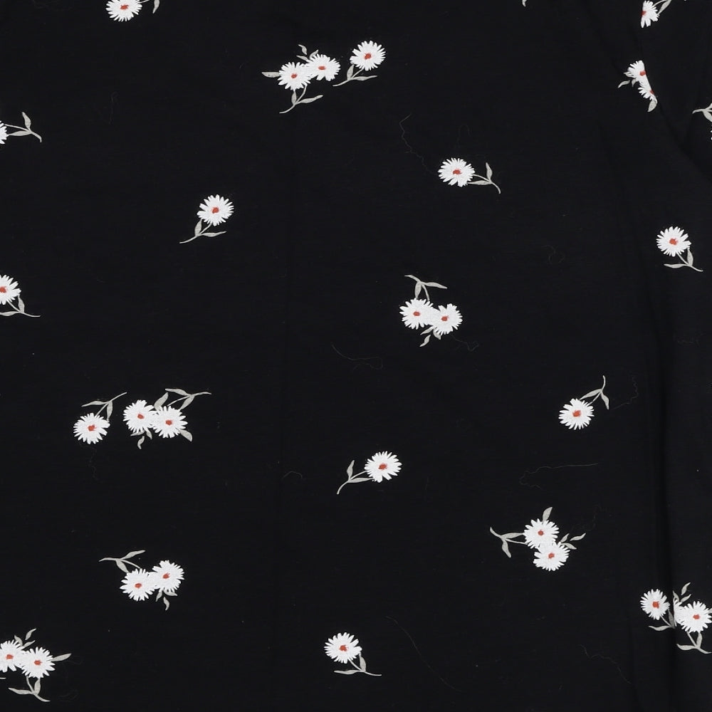 Marks and Spencer Womens Black Floral Cotton Basic T-Shirt Size 14 Round Neck